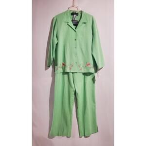 Vtg Sag Harbor Embroidered Flower Linen Blend Top Pant Set Plus Size 18 Green